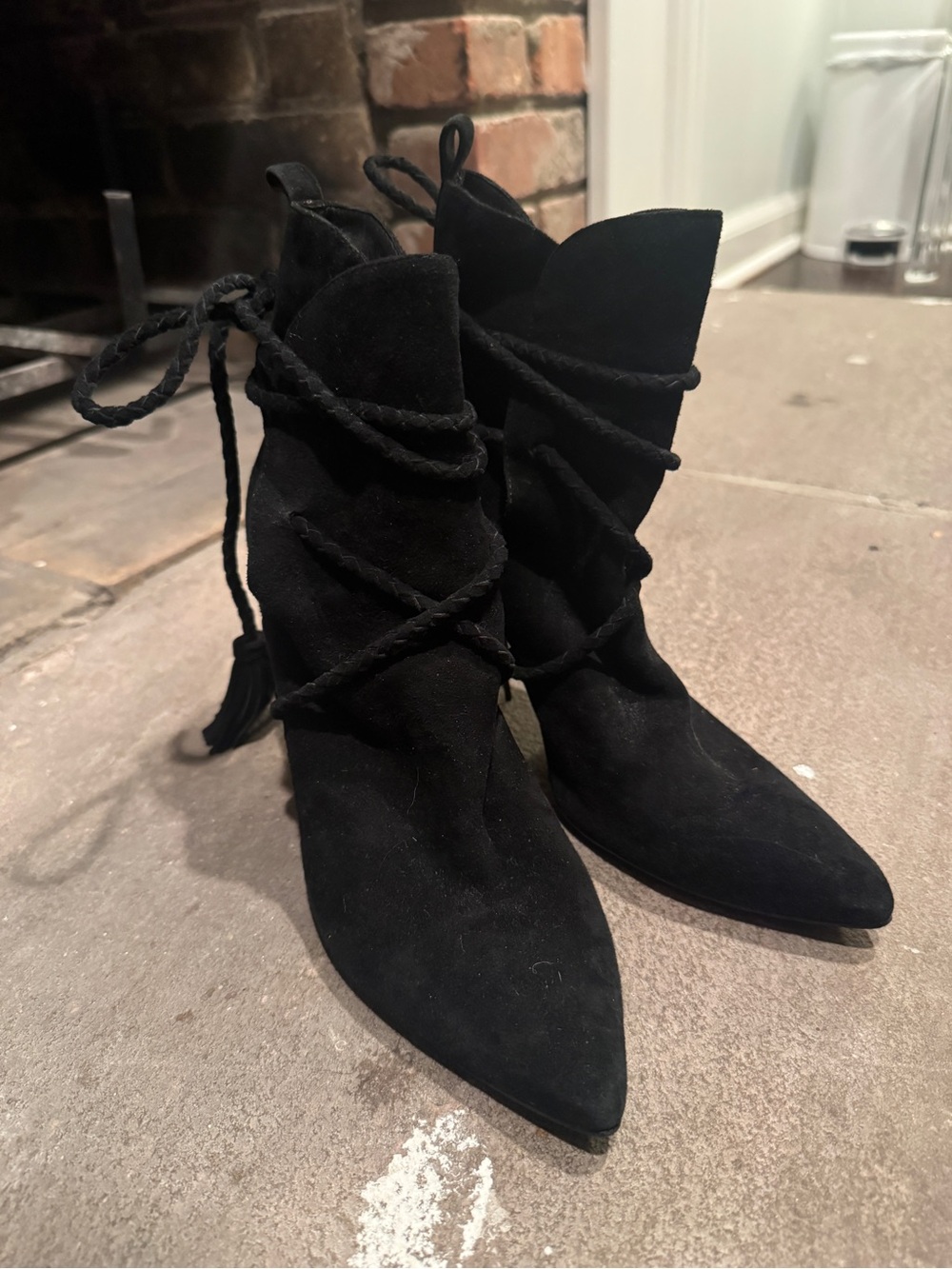 Schutz Black Suede Lace-Up Pointed Toe Ankle Boots
